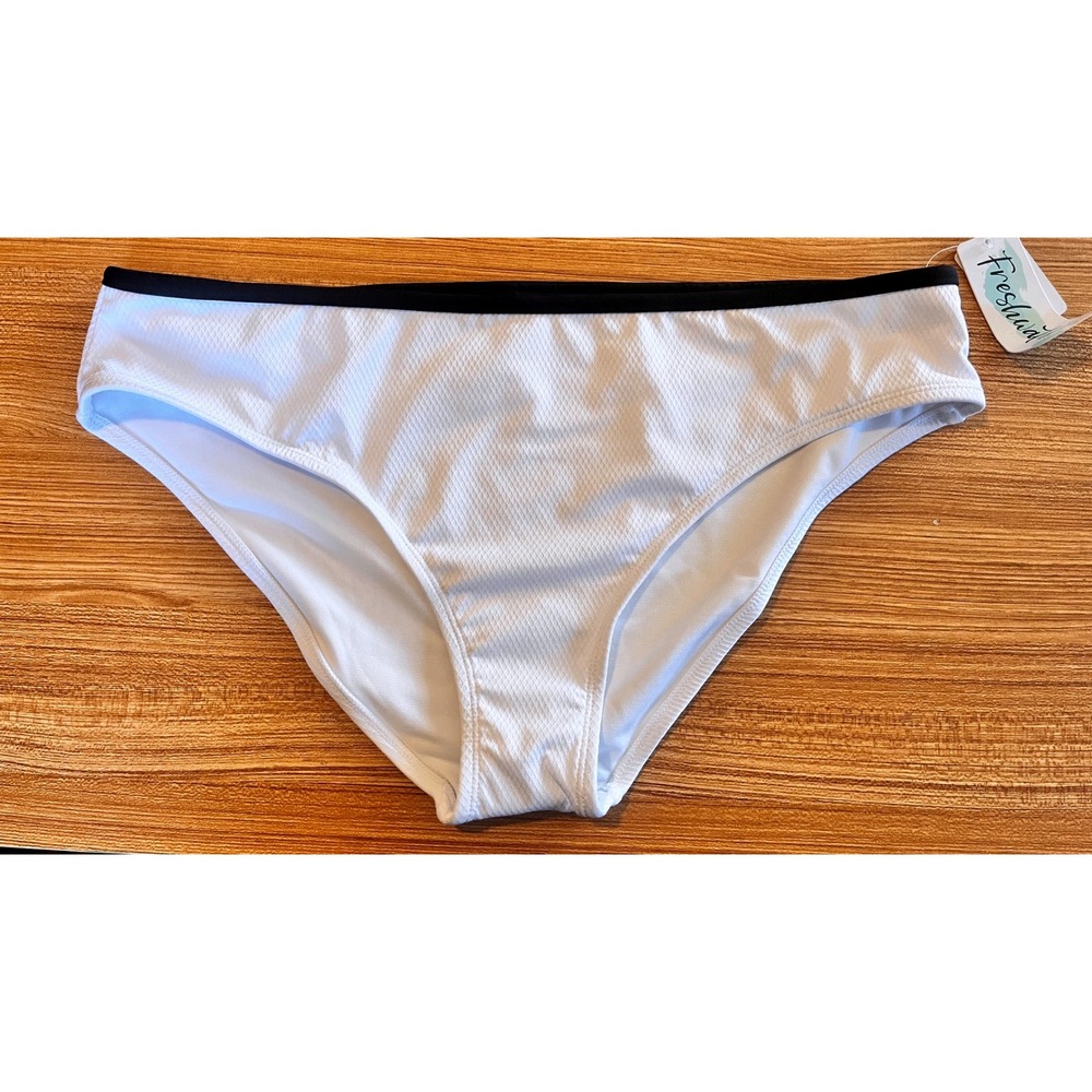 Freshwater White Textured Bikini Bottoms High Waist Black Trim‎ Size XL EG
